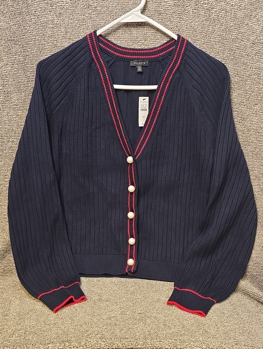 Talbots Navy V-Neck Ribbed Cardigan with Red Trim